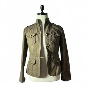 envision studio Military Style Button Front Wool Jacket Brown Tweed Preppy